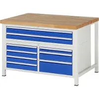 RAU Werkbank mit 9 Schubladen - Vollauszug - 60:1 / 90:6 / 120:1 / 180:1 - 840 x 1.250 x 900 mm (HxBxT) - Traglast 1.250 kg - Buche