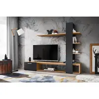 Lomadox Wohnzimmer TV-Wohnwand mit 190 cm Breite, in Eiche mit Schwarz - EIBAR-164