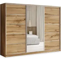 Masseno Schiebetürenschrank PINA 250/205/58 cm Kleiderschrank mit 4 Schubladen Schlafzimmer Schrank 3-türig mit Spiegel Eiche Wotan