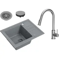 VBChome Spülbecken Granit Grau mit Armatur 55 x 44 cm Einzelbecken Einbauspüle Gesprenkelt Reversibel Granitspüle Grau Siphon Waschbecken Armatur Inox