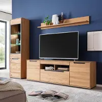 Lomadox Wohnwand in Eiche teilmassiv mit Vitrine, Wandboard, Lowboard & LED-Beleuchtung, 3-teilig - AVESTA-06
