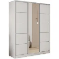 Masseno Schiebetürenschrank PINA 150/205/58 cm Kleiderschrank mit 4 Schubladen Schlafzimmer Schrank 3-türig mit Spiegel Weiß