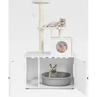 Markenlos Kratzbaum mit Katzenschrank, All-in-One Katzenhaus aus Holz, Katzenkratzbaum mit Eingang, Höhle, Sisalstamm & Spielball, Katzenmöbel Katzenbaum, Katzen Spielhaus, 77,5x49x132 cm, Weiß