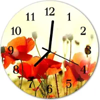 Tulup Glasuhr Wanduhr Küchenuhr Echt-Glas 30fi cm Mohnblumen rot