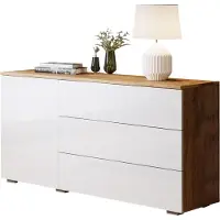 Mirjan 24 Kommode Awit 110 Highboard mit 3 Schubladen und Tür, Stilvoll Sideboard, Wohnzimmer Schrank (Farbe: Wotan / Weiß Hochglanz)