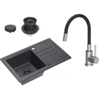 VBChome Spülbecken Granit Schwarz mit Armatur 70 x 44 cm Einzelbecken Einbauspüle Gesprenkelt Reversibel Granitspüle Schwarz Siphon Waschbecken Armatur mit Flexiblem Auslauf