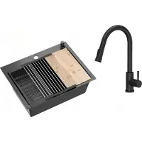 VBChome Edelstahlspüle mit Armatur 58 x 45 cm Schwarz Zubehörset Spender Schneidbrett Rollmatte Faltbarer Abtropfständer Siphon Armatur Schwarz