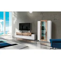 Möbelando Wohnwand Anbauwand Schrankwand Mediawand TV-Wand Wohnzimmerwand "Catania I" Weiß Hochglanz / Ahorn Nachbildung