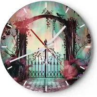 ARTTOR Wanduhr - Rund - Glasuhr - Fantasie Tor Garten - 30x30cm - Schleichendes Uhrwerk - Lautlos - zum Aufhängen bereit - Dekoration Modern - Wanddekoration aus Glas - C3AR30x30-4517