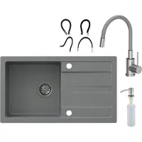 VBChome Spülbecken mit Armatur 77 x 44 cm Grau Einzelbecken Einbauspüle Abtroffläche Gesprenkelt Reversibel Granitspüle Siphon Spülmittelspender Armatur