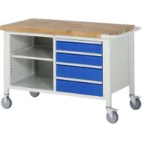 RAU Mobile Werkbank mit Ablageboden - Fachboden - 4 Schubladen - Vollauszug - 120:2 / 150:2 - 880 x 1.250 x 700 mm (HxBxT) - Traglast 450 kg - Buche