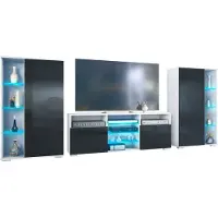 Vladon Wohnwand Davos, Anbauwand bestehend aus 2 Vitrinen und 1 TV-Board, Weiß matt/Schwarz Hochglanz inkl. LED-Beleuchtung (329 x 134 x 35 cm)