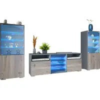 Vladon Wohnwand Granada, Anbauwand bestehend aus 2 Vitrinen und 1 TV-Board, Anthrazit matt/Eiche Nordic inkl. LED-Beleuchtung (286 x 122,5 x 35 cm)