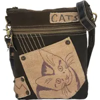Sunsa Damen Tasche Umhängetasche, Handtasche aus Canvas & Leder. Nachhaltige Produkte, kleine Vintage Stoff Shoulder bag, Schultertasche, Segeltuch Crossbody, Geschenkideen für Frauen, Katzenmotiv