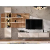 Furn.Design Wohnwand "Laelia" in Sand matt und Artisan Eiche 280 cm Schrankwand inklusive LED Beleuchtung, Push-to-Open