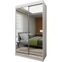 Masseno Schiebetürenschrank BELLINA 120 cm Kleiderschrank Schlafzimmer Schrank 2-türig mit Spiegel Weiß