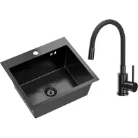 VBChome Edelstahlspüle mit Armatur 50 x 45 cm Schwarz Edelstahl Einbauspüle mit Hahnloch Edelstahl Küchenspüle Spüle Groß Becken Ablaufgarnitur Siphon Edelstahlspüle Schwarz mit Armatur
