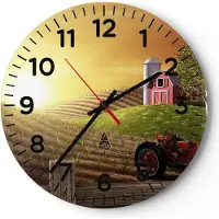 ARTTOR Wanduhr - Rund - Glasuhr - Morgen Bauernhof Feld Plantage - 30x30cm - Schleichendes Uhrwerk - Lautlos - zum Aufhängen bereit - Dekoration Modern - Wanddekoration aus Glas - C4AR30x30-2639