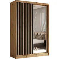Masseno Schiebetürenschrank LAMELLO 150 cm Kleiderschrank Schlafzimmer Schrank 2-türig mit Spiegel und Lamellen Eiche Artisan