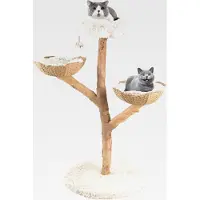Markenlos Kratzbaum Holz, Katzenbaum 122 cm mit 2 Rattan-Körbchen, Kratzstamm aus natürlichem Jute, blütenförmige Sitzplattform, Plüschball & erweiterter Basis, Kletterbaum für Katzen, Indoor Katzenmöbel