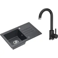 VBChome Spülbecken Granit Schwarz mit Armatur 70 x 44 cm Einzelbecken Einbauspüle Gesprenkelt Reversibel Granitspüle Siphon Waschbecken Schwarz mit Armatur Schwarz