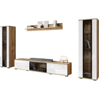 Mirjan 24 Wohnwand Caro, TV-Möbel, Große Anbauwand, Schrankwand, Wohnzimmer-Set (Farbe: Wotan / Weiß Hochglanz, ohne Beleuchtung)