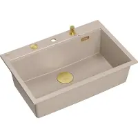Quadron Spülbecken 1-Becken Spüle | Größe: 76 x 50 x 23,5 cm | MARC 110 | Granitspüle aus GraniteQ mit Siphon + Spender + Platte | Beige/Golden