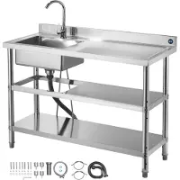 SucceBuy Spültisch aus Edelstahl (120 x 50 x 94 cm), Einzelbecken mit Wasserhahn und zwei Ablageflächen, Küchenspüle für Garage, Restaurant oder Außenbereich, Waschtisch mit Arbeitsplatte (rechts)