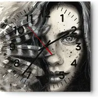 ARTTOR Wanduhr - Quadrat - Glasuhr - Frau Federn Lippen Kunst. - 40x40cm - Schleichendes Uhrwerk - Lautlos - zum Aufhängen bereit - Dekoration Modern - Wanddekoration aus Glas - C4AC40x40-2874