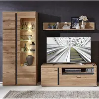 Lomadox Media Anbauwand mit Esche Massivholzfronten und Beleuchtung STAVEN-36 mit Absetzungen in schwarz matt, B/H/T ca. 255/203/42 cm