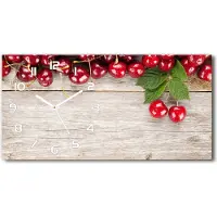 Tulup Wanduhr aus Glas – 60x30 cm - Glasbild - Glasuhr - Gehärtetes Glas - weisse-zeiger - Kirschen auf Holz