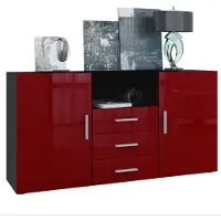 Vladon Sideboard Skadu, Kommode mit 2 Türen, 3 Schubladen und 1 offenem Fach, Schwarz matt/Bordeaux Hochglanz (138,5 x 71,5 x 35 cm)