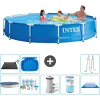 Intex -Schwimmbecken mit rundem Rahmen – 366 x 76 cm – Blau – im Lieferumfang enthalten Abdeckung - Wartungspaket - Filterpumpe für Schwimmbad - Filter - Bodenplane - Solarmatte