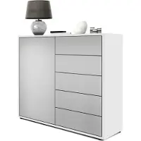 Vladon Sideboard Ben V2, Germany, Kommode mit 1 Tür und 5 Schubladen, Weiß matt/Hellgrau Seidenmatt (79 x 74 x 36 cm)