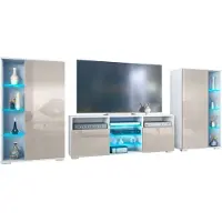Vladon Wohnwand Davos, Anbauwand bestehend aus 2 Vitrinen und 1 TV-Board, Weiß matt/Sandgrau Hochglanz inkl. LED-Beleuchtung (329 x 134 x 35 cm)