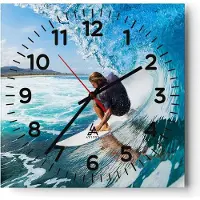 ARTTOR Wanduhr - Quadrat - Glasuhr - Surfen Surfer Ozean Welle - 40x40cm - Schleichendes Uhrwerk - Lautlos - zum Aufhängen bereit - Dekoration Modern - Wanddekoration aus Glas - C4AC40x40-2785
