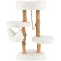 Goplus 87 cm Kratzbaum, Katzenbaum mit 3 Plattformen, Hängematte & Hängeseil, Kletterbaum mit Stützstangen aus Birnenholzstamm mit Jute-Umwicklung, mehrstufiger Katzenkratzbaum mit Plüschki (2 Stämme)