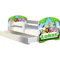 ACMA Jugendbett Kinderbett Junior-Bett Komplett-Set mit Matratze Lattenrost und Rausfallschutz Weiß 01 Zoo Name 180x80 + Bettkasten