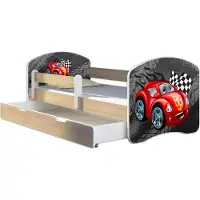 ACMA Jugendbett Kinderbett Junior-Bett Komplett-Set mit Matratze Lattenrost und Rausfallschutz Sonoma 05 Blaue Auto 180x80 + Bettkasten
