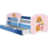 ACMA Jugendbett Kinderbett Junior-Bett Komplett-Set mit Matratze Lattenrost und Rausfallschutz Blau 33 Miezekatzen 140x70 + Bettkasten