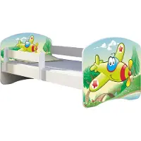 ACMA Jugendbett Kinderbett Junior-Bett Komplett-Set mit Matratze Lattenrost und Rausfallschutz Weiß 29 Flugzeug 160x80