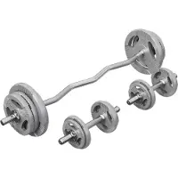 Gorilla Sports Hantelset 70kg - 4x1,25kg, 4x2,5kg, 4x5kg, 2x10kg Gewichte, SZ Curlstange 120cm, Kurzhanteln, 30mm, Sternverschlüsse, gerändelt, Gusseisen - Langhantelstange, Langhantel Set, SZ-Stange
