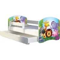 ACMA Jugendbett Kinderbett Junior-Bett Komplett-Set mit Matratze Lattenrost und Rausfallschutz Weiß 01 Zoo 180x80 + Bettkasten