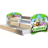 ACMA Jugendbett Kinderbett Junior-Bett Komplett-Set mit Matratze Lattenrost und Rausfallschutz Sonoma 01 Zoo Name 180x80 + Bettkasten