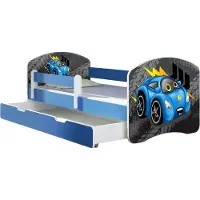 ACMA Jugendbett Kinderbett Junior-Bett Komplett-Set mit Matratze Lattenrost und Rausfallschutz Blau 04 Rote Auto 180x80 + Bettkasten