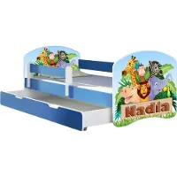 ACMA Jugendbett Kinderbett Junior-Bett Komplett-Set mit Matratze Lattenrost und Rausfallschutz Blau 02 Animals Name 180x80 + Bettkasten