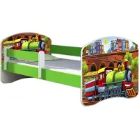 ACMA Jugendbett Kinderbett Junior-Bett Komplett-Set mit Matratze Lattenrost und Rausfallschutz Grün 44 Lokomotive 140x70