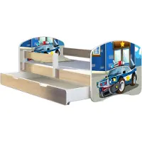 ACMA Jugendbett Kinderbett Junior-Bett Komplett-Set mit Matratze Lattenrost und Rausfallschutz Sonoma 38 Polizei 180x80 + Bettkasten