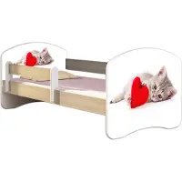 ACMA Jugendbett Kinderbett Junior-Bett Komplett-Set mit Matratze Lattenrost und Rausfallschutz Sonoma 40 Katze mit Herz 140x70