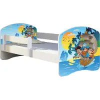 ACMA Jugendbett Kinderbett Junior-Bett Komplett-Set mit Matratze Lattenrost und Rausfallschutz Weiß 21 Piraten 160x80